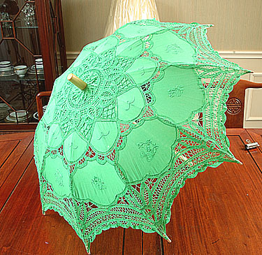 Irish Green battenburg lace parasol. 16" (32" Full Open)